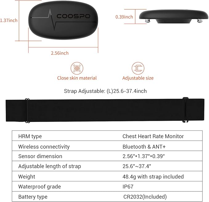 COOSPO Heart Rate Monitor Chest Strap, Bluetooth ANT+ Heart Rate Monitor Chest Sensor with 400H Battery, HRM Works with Strava/Wahoo Fitness/Polar Beat/Peloton/DDP Yoga App