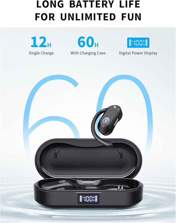 CXK Open Ear Headphones, Bluetooth 5.4 True Wireless Earbuds Bone Conduction Headphones with 60Hrs Stereo Sound, 0.27oz Lightweight Design Open Earbuds with Mic, IPX6 Waterproof Fit Running, Black