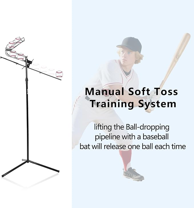 Baseball Soft Toss Pitching Machine | Training System, Support Auto & Manual Ball Drop, Height Adjustable, Hold Up to 10 Balls, Baseball Hitting Swing Trainer for All Ages and Skill