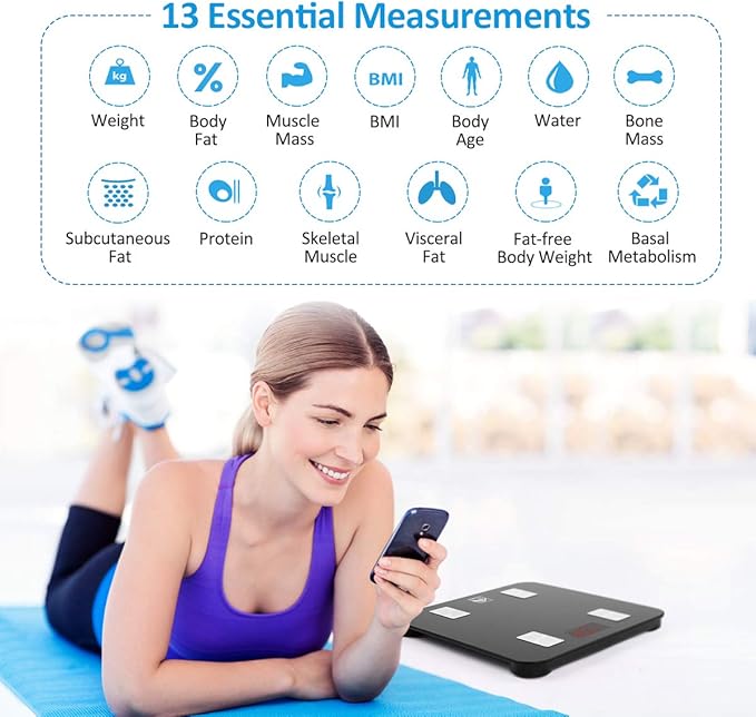 FITINDEX Scale with BMI, Body Fat, Muscle Mass, Smart Scale for Body Weight, Bluetooth, Digital, Sync with App, User Health Equipment