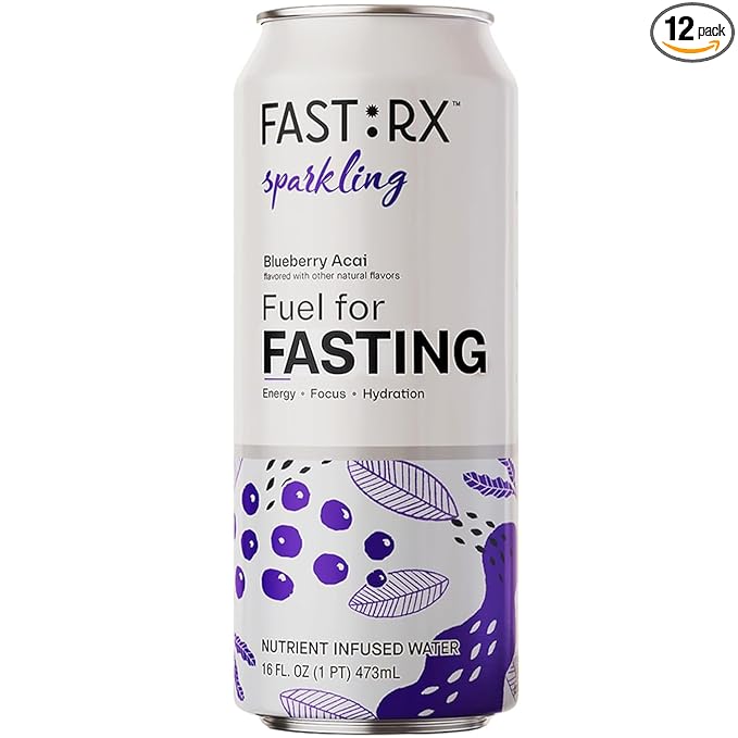 FASTRX Blueberry Acai Sparkling Fasting Electrolyte Drink – Hunger Suppressant, Includes Essential Electrolytes and Vitamins, De-Sugared Lemon Juice – Zero Sugar, 16 Fl Oz, Pack of 12