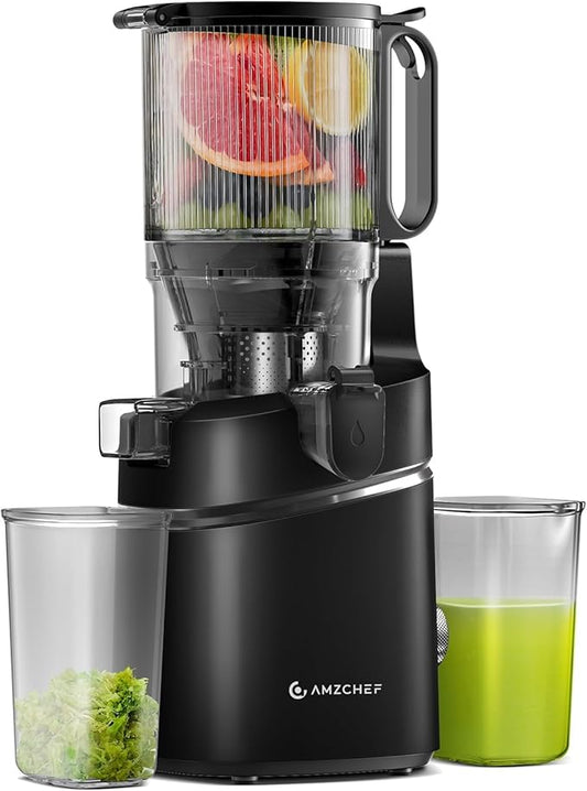 AMZCHEF Juicer Machines, 5.8" Extra Self-Feeding Cold Press Juicer for Whole Vegetable & Fruit, Juice Extractor Machine with Large Auger & Triple Strainers, Easy to Clean, High Juice Yield, Black