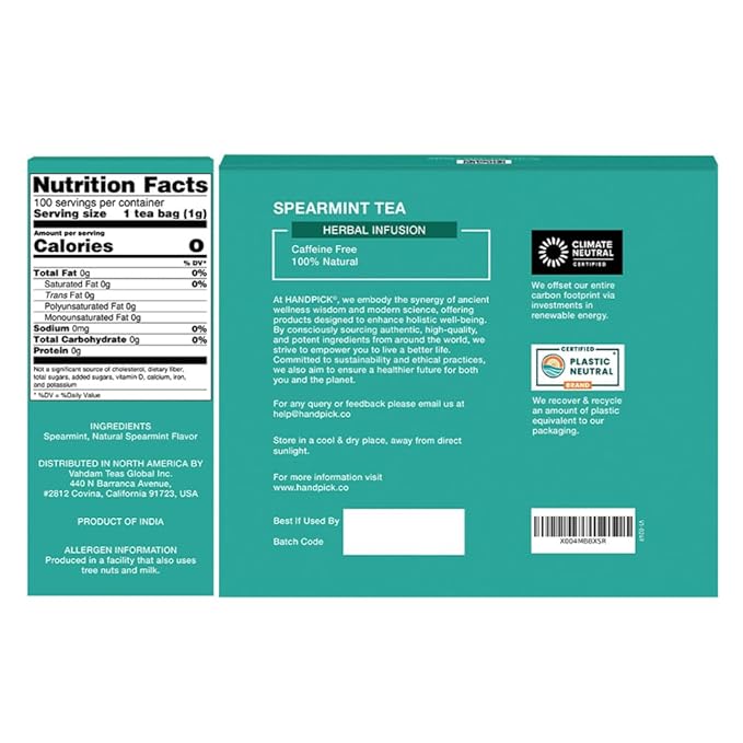 HANDPICK, Spearmint Tea Bags (100 Herbal Tea Bags) |Refreshing Mint Tea | Non-GMO | Round Eco-Conscious Teabags