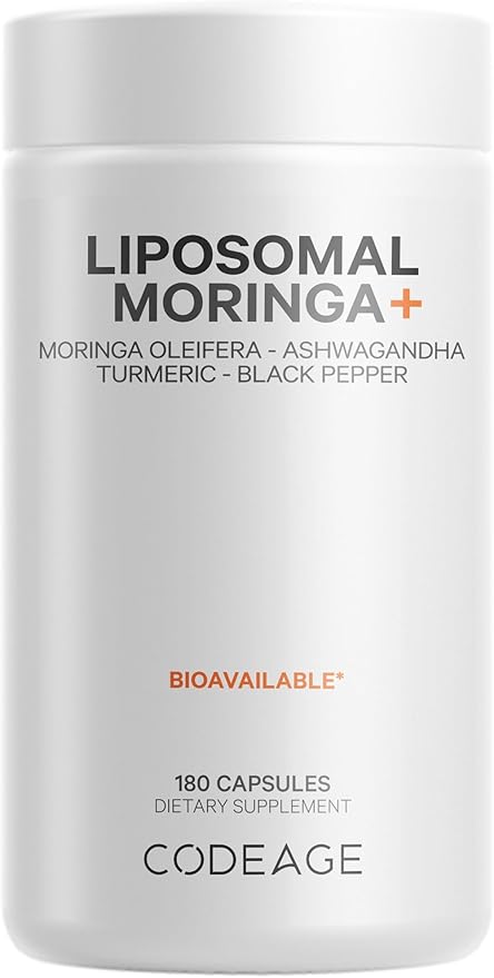 Codeage Liposomal Moringa+ Supplement, 400mg Moringa 50:1 Extract - 20,000mg Moringa Oleifera Leaf Equivalent - Turmeric, Ashwagandha, Black Pepper, 3-Month Supply, Vegan Moringa Powder - 180 Capsules