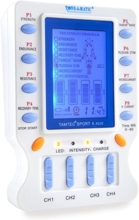 Electronic Muscle Stimulator – TAMTEC SPORT 4 TENS EMS Unit – Microcurrent, Interferential IFC, Russian Stim, ARP Recovery – Pain Relief, Muscle Building & Toning – Portable 4-Ch Electrotherapy Device