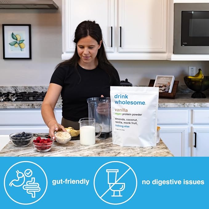 drink wholesome Vegan Vanilla Almond Protein Powder | for Sensitive Stomachs | Additive & Dairy Free | No Artificial Sweeteners | No Bloating, Farts or Gas | No Constipation or Diarrhea