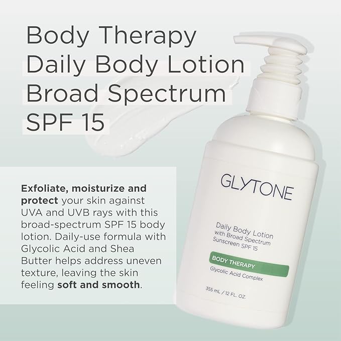 Glytone Daily Body Lotion with SPF 15–Broad Spectrum Sunscreen Moisturizer for Body –Spf Lotion with Glycolic Acid & Shea Butter – Sensitive Skin Sun Screen – Gives Non Greasy Sun Protection – 12 oz