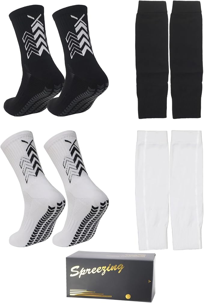 Grip Soccer Socks with Shin Guard Sleeves Non Slip Soccer Leg Sleeve Socks for Men Women Black/White 2 Set
