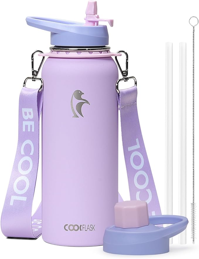 Coolflask Water Bottle with Straw, 40 oz Insulated Metal Water Flask with Straw & Spout Lids, Stainless Steel Double Wall Vacuum, Keep Cold 48h Hot 24h, Leak Proof & Non-BPA, Lavender