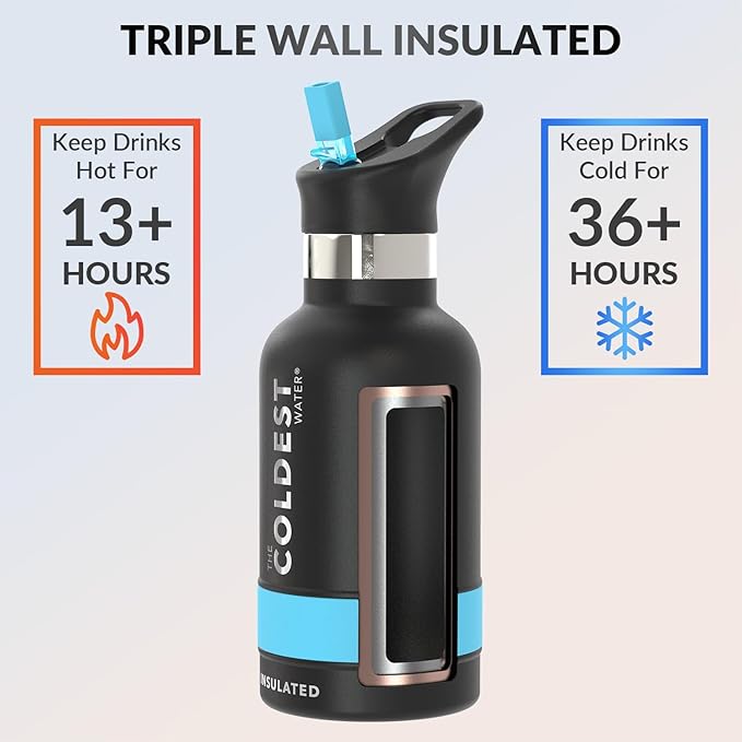 Coldest Insulated Water Bottle with Straw Lid - Stainless Steel Metal Insulated Bottle for Men & Women (Matte Black, 12 oz)