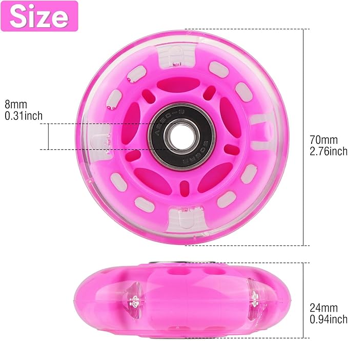 8pcs Inline Skate Wheels Led Light-Up Wheels 64/70/72/76/80mm w/Bushings 85-88A for Kids and Youth Beginners Children's Inline Skates Indoor/Outdoor Use (Pink, 70mm)