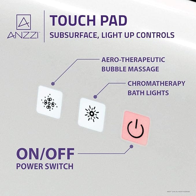 ANZZI 67" Freestanding Air Jetted Whirlpool Bathtub - White Acrylic Soaking Tub with LED Lights & Touch Controls | FT-AZ067
