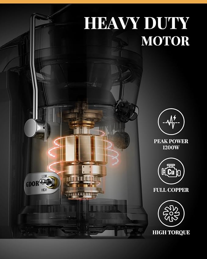 GDOR 1200W Juicer, 3.2" Wide Chute, Titanium-Enhanced Blade, Heavy-Duty Copper Motor, Dual Speed Centrifugal Juice Extractor, BPA-Free, Silver