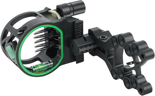 Archery 5-Pin Bow Sight - 0.019" Fiber, Brass Pin, Aluminum Machined - Right and Left Handed, with Hi-Vis Level for Archery, Hunting, Shooting