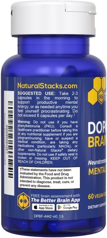Dopamine Brain Food - 650mg L-Tyrosine Supplement - Dopamine Supplement for Focus & Mental Drive - Supports Mental Energy - Neurotransmitter Support with B Vitamins - 60 Capsules