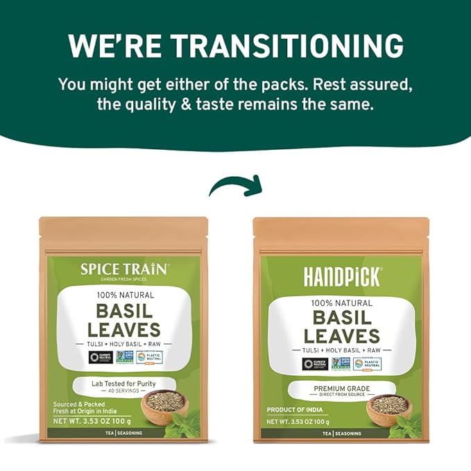 HANDPICK Dried Basil Leaves 40 Servings (100g/ 3.5oz) Non GMO, Gluten Free, 100% Raw Whole Tulsi Leaf, Sourced from India, Premium Quality, Packed in Resealable Ziplock Pouch