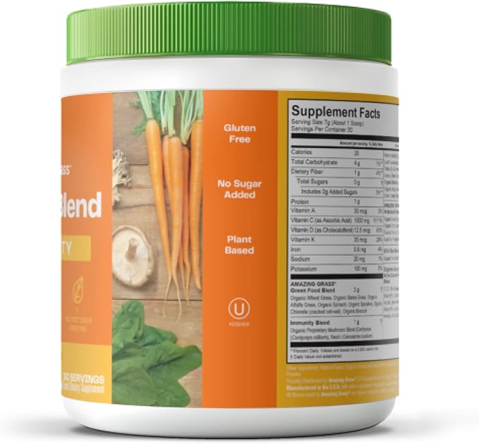 Amazing Grass Green Superfood Immunity: Super Greens Powder with Vitamin C, Cordyceps, Beet Root Powder & Reishi Mushrooms, Tangerine, 30 Servings