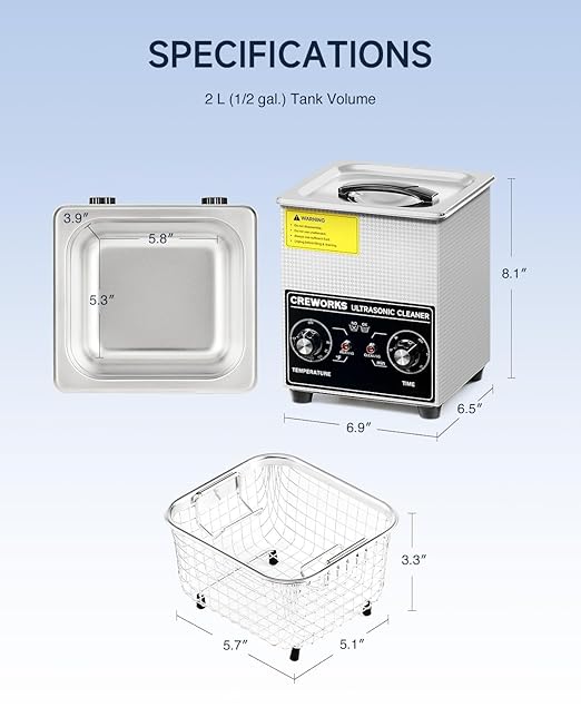 CREWORKS Ultrasonic Cleaner with Heater & Timer, 1/2 Gallon Stainless Steel 60W Ultrasonic Cleaning Machine with Degas & Gentle, 2L Sonic Machine for Professional Jewelry Watch Glasses Cleaning