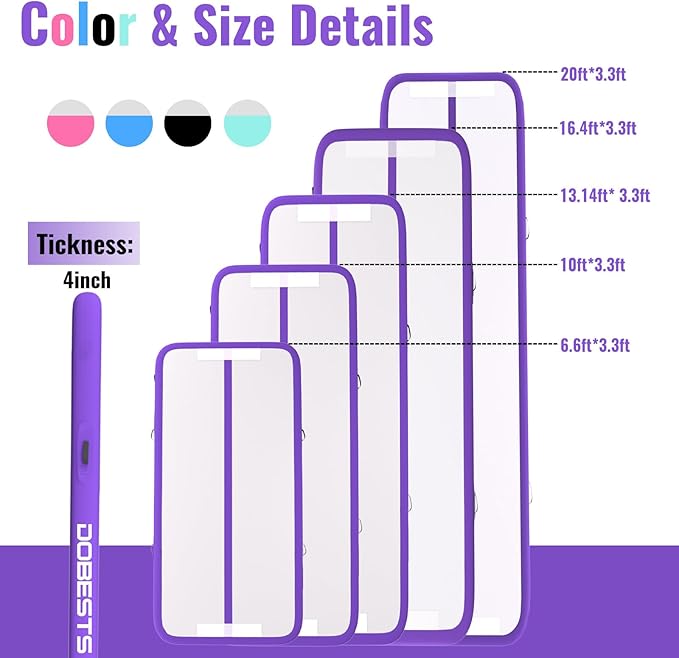 DOBESTS Inflatable Air Gymnastics Mat Tumbling Mat Tumble Track Gymnastics Training for Kids Home 6.6 feet 10 feet 13feet 16feet 20feet 4/8inch Thick for Cheerleading Dance Yoga Cheer Water With Pump