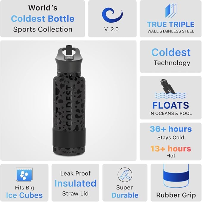 Coldest Insulated Water Bottle with Straw Lid - Stainless Steel Metal Insulated Bottle for Men & Women (Black Leopard, 32 oz)