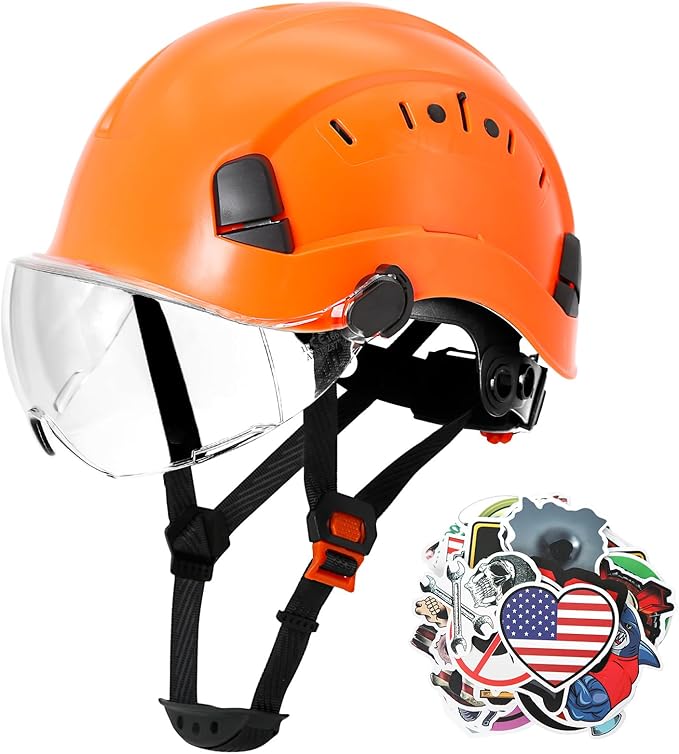 AOLAMEGS Construction Vented Hard Hats -Adjustable Vented Hard Hat with Visor for Men Women ABS Safety Helmet 6-Point Suspension Work Hardhats for Outdoor Height Industrial (Orange Clear Visor)