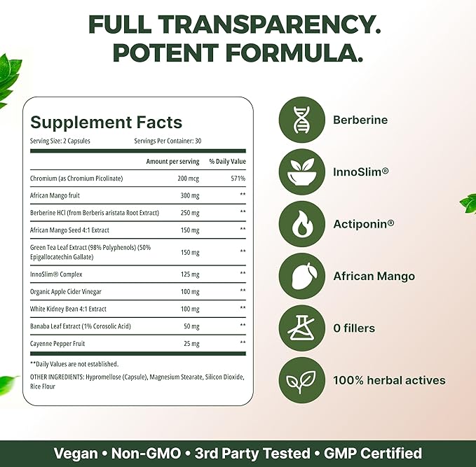 GLP-1 Supplement for Women & Men - Hunger & Metabolism Support with Berberine, InnoSlim, Actiponin - Natural GLP1 Booster to Support Appetite, Digestion & Gut Health - Vegan - 60 Capsules