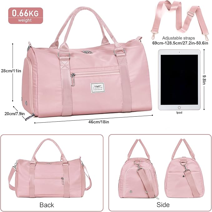 FIORETTO Womens Gym Tote Duffle Bag with Wet Pocket & Shoe Compartment, Sports Duffel Overnight Weekender Hospital Workout Carry on Bag for Girls, Ideal for Travel, Swimming, Dance, Ballet Pink