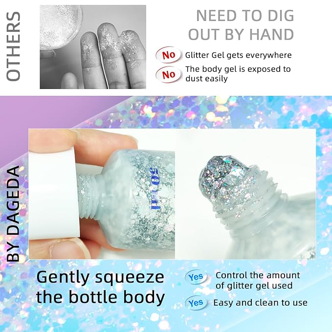 DAGEDA Body Glitter Gel, Body Sequins Shimmer Liquid Eyeshadow, Chunky Glitter for Face Hair Nails, Holographic Cosmetic Laser Powder Festival Glitter Makeup 50ml(Silver)