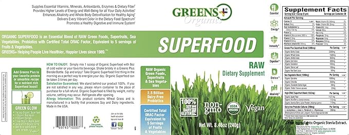 Greens+ Organic RAW Superfood Powder, Super Blend Immune Support, Morning Kick, Energy Boost, Nutrition Vibrant Health, Dietary Supplement, Vegan Soy/Dairy/Gluten Free(8.46oz)