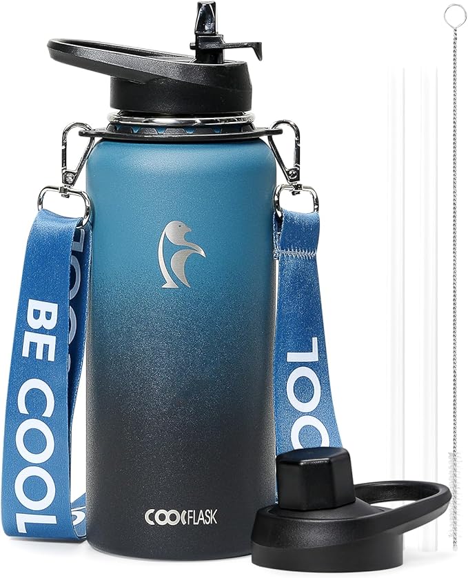 Coolflask Insulated Water Bottle with Strap, 32 oz Metal Water Flask with Straw & Spout Lids, Stainless Steel Double Wall Vacuum, Keep Cold 48h Hot 24h, Leak Proof & Non-BPA, Prussian Blue
