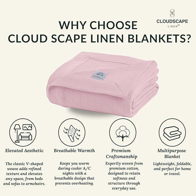 Cloud Scape Linen Herringbone Cotton Twin Blanket for Couch, Bed,Sofa, Home Decor, Soft, Lightweight, All-Season Bed Blanket, 68 x92, Seashell Pink
