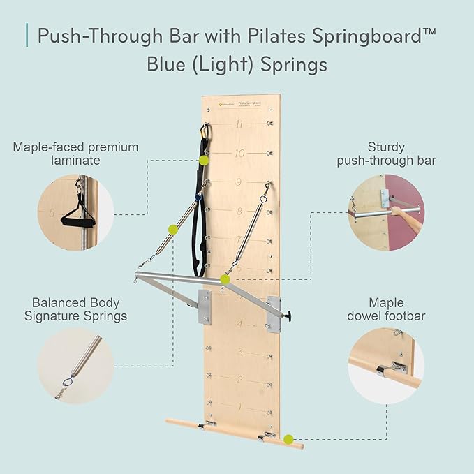 Balanced Body Pilates Springboard with Push-Through Bar, Wall Mounted Pilates Workout Equipment for Home Gym or Studio Use, Pilates Exercise Equipment with Resistance Springs