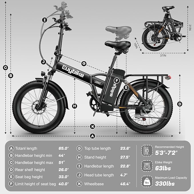 Foldable Electric Bike for Adults, 30+MPH, 48V 20Ah Removable Lithium Battery up to 80Miles, 20" Fat Tire 1000W Peak Motor Dirt Ebike Adult Electric Bicycle for Commute Beach Mountain E Bike