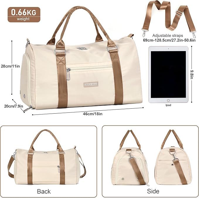 FIORETTO Womens Gym Tote Duffle Bag with Wet Pocket & Shoe Compartment, Sports Duffel Overnight Weekender Hospital Workout Carry on Bag for Girls, Ideal for Travel, Swimming, Dance, Ballet Beige