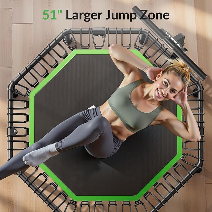 BCAN 51" Octagonal Mini Trampoline, Max Load 450 LBS Fitness Trampoline with T-Adjustable Handle Bar, Silent Bungees, Larger, More Stable, Quieter Exercise Rebounder for Adults Indoor/Garden Workout