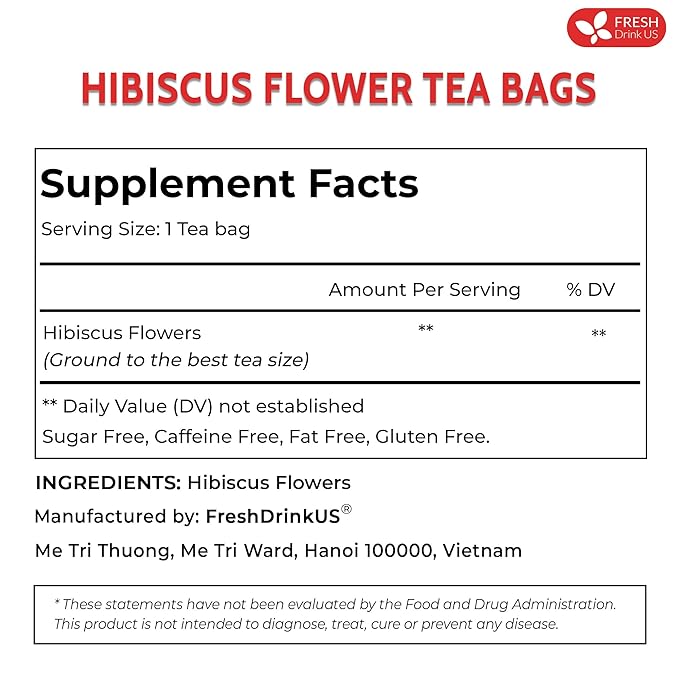FreshDrinkUS, Premium 140 Hibiscus Flowers Tea Bags, 100% Natural, Handmade & Pure from Hibiscus Flowers. No Sugar/Caffeine/Gluten, Vegan. Tart & Refreshing, Hot or Ice Tea, Great For All Seasons