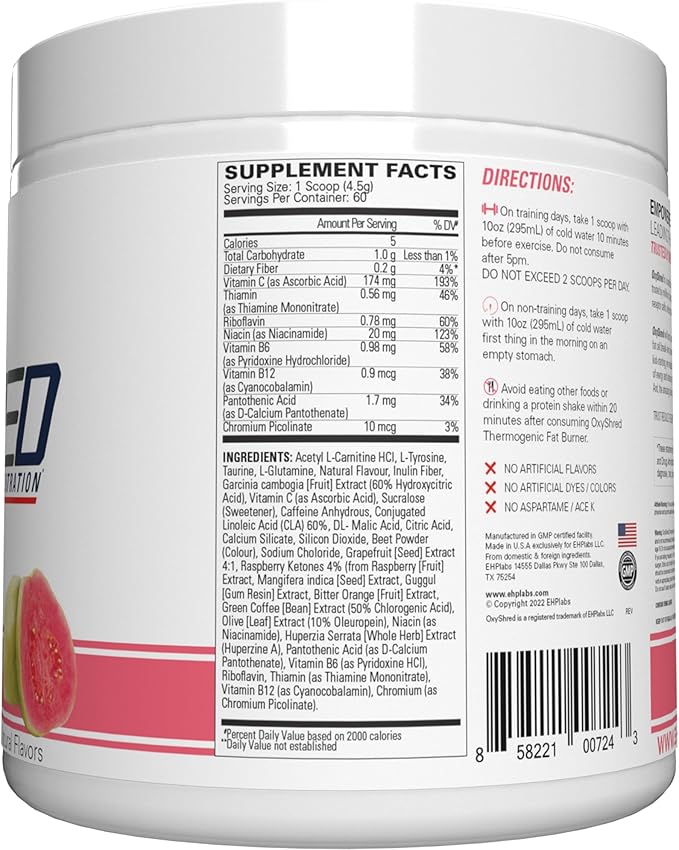 EHP Labs OxyShred Pre Workout Powder & Shredding Supplement - Preworkout Powder with L Glutamine & Acetyl L Carnitine, Energy Boost Drink - Guava Paradise, 60 Servings