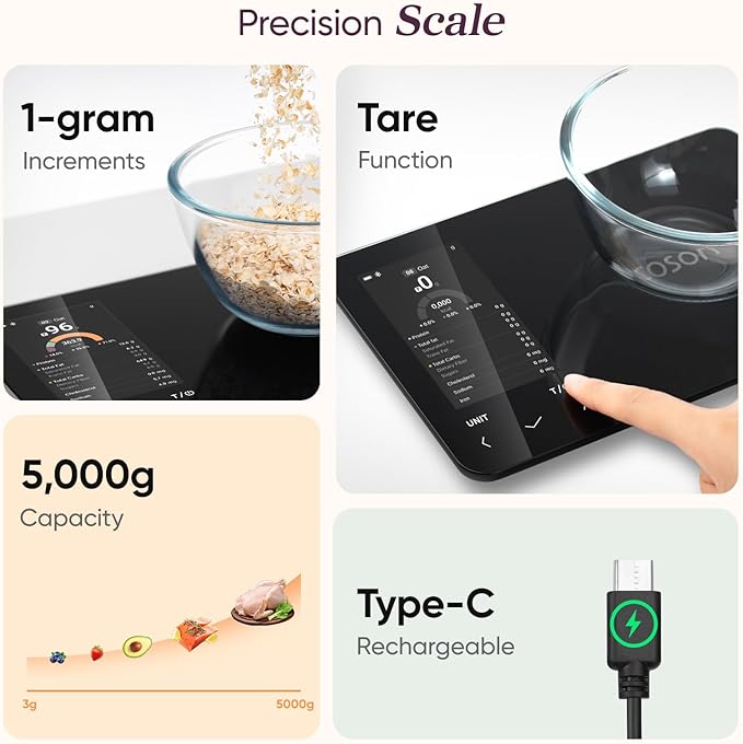 COSORI Smart Digital Food Kitchen Scale with Nutritional Calculator, On-Screen Nutrient Info, Free App for Calorie & Macro Tracking, AI Scan, Personal Goals, for Weight Loss and Keto, 11lb/5kg