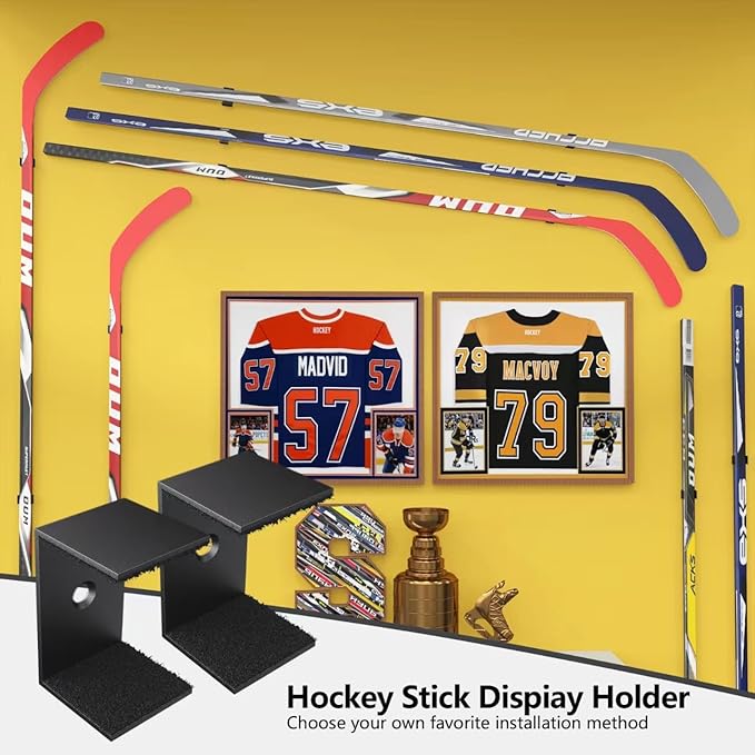 Hockey Stick Display Holder Wall Mount, Hockey Stick Storage Rack, Ice Hockey Stick Hangers for Hockey Room Decor Boys, Supports Vertical、Diagonal、Horizontal Display- Black