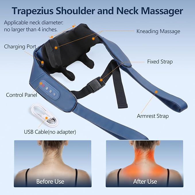 Cozyhealth Neck Massager for Neck and Shoulder with Heat, Shiatsu Neck and Upper Back Massager, Portable Cordless Electric Kneading Neck Massager for Pain Relief Deep Tissue (Dark Blue)
