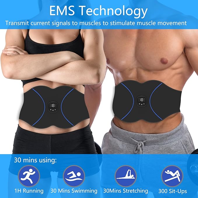 FDA Cleared, ABS Stimulator - EMS Muscle Stimulator, Portable Muscle Training for Abdomen, Abdominal Toning Belt, Fitness Ab Workout Equipment for Women and Men, Black Blue