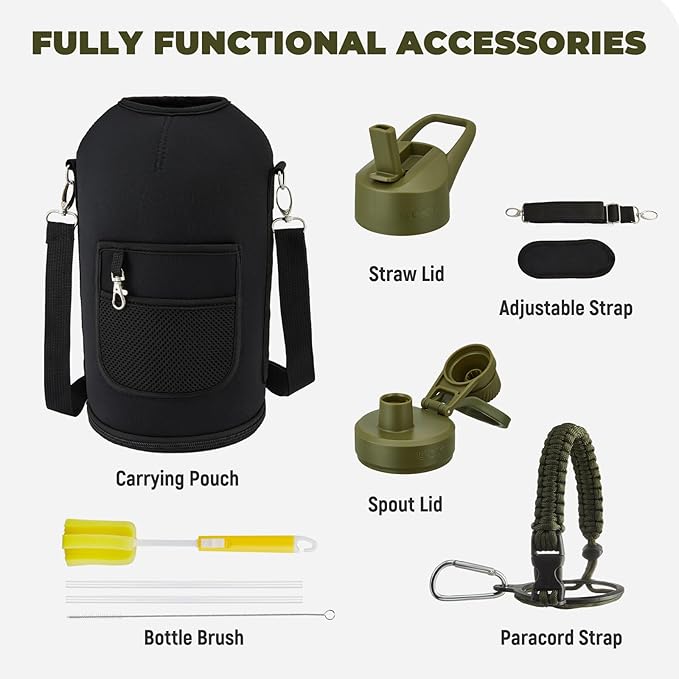 COKTIK 128 oz Insulated Water Bottle, Triple Wall Stainless Steel Flask, Keeps Drinks Cold for 48 Hrs Leak-Proof & BPA-Free Half Gallon Jug with Paracord Handle, Straw & Spout Lids(Army Green)