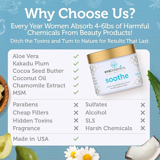 Era Organics Cream Redness Relief Moisturizer- Soothing Redness Relief for Face with Manuka Honey, MSM, Chamomile - Calming Moisturizer Made in USA