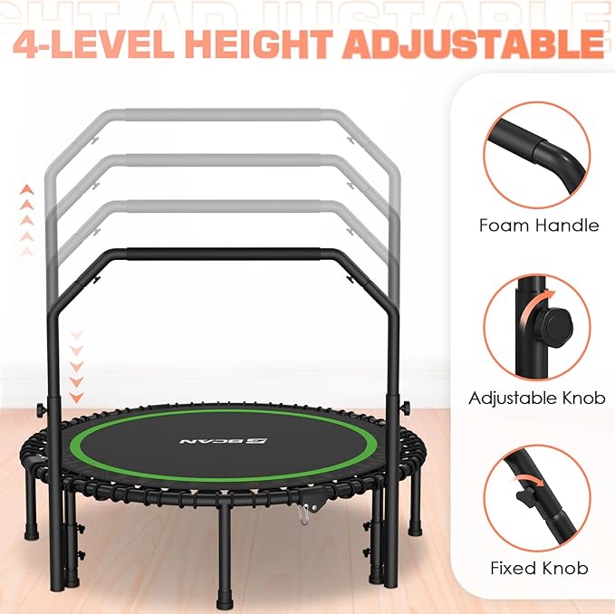 BCAN 40"/48" Foldable Mini Trampoline with Resistance Band, 450 LBS Adult Fitness Trampoline with Bungees, U Shape Adjustable Foam Handle, Stable & Quiet Indoor/Garden