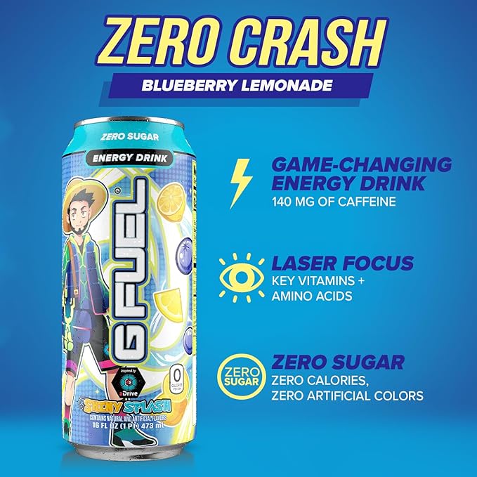 G Fuel Energy Drink, Blueberry Lemonade, Sugar Free Beverage with 140mg Caffeine, Daily Energy Boost with Focus Amino, Vitamin + Antioxidants, 16 oz Cans (aDrive, 12-Pack)