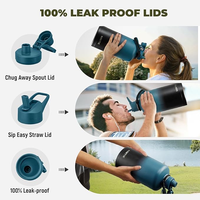 COKTIK 128 oz Insulated Water Bottle, Triple Wall Stainless Steel Flask, Keeps Drinks Cold for 48 Hrs Leak-Proof & BPA-Free Half Gallon Jug with Paracord Handle, Straw & Spout Lids(Indigo Black)