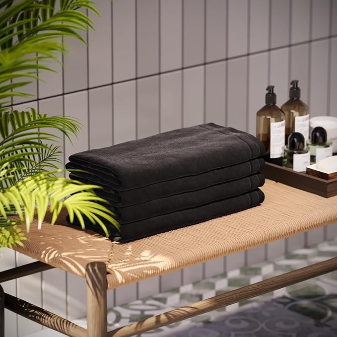 Creative Scents 100% Cotton Velour Fingertip Towels - 4 Pack 11 by 18 Inch – Decorative, Extra Absorbent and Soft Face Towel, Ideal for Bathroom and Powder Room (Black)