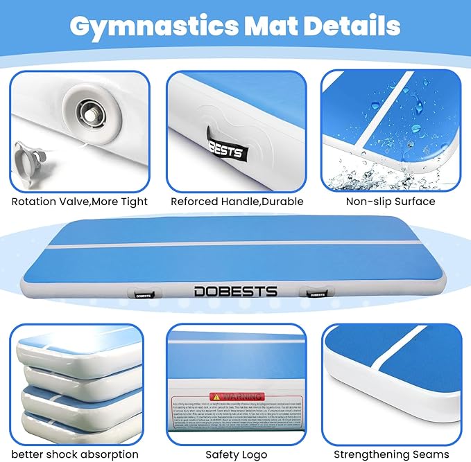 DOBESTS Inflatable Air Gymnastics Mat Tumbling Mat Tumble Track Gymnastics Training for Kids Home 6.6 feet 10 feet 13feet 16feet 20feet 4/8inch Thick for Cheerleading Dance Yoga Cheer Water With Pump