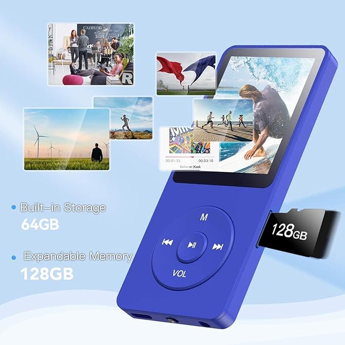 AGPTEK A02PL 64GB MP3 Player, 70 Hours Playback Lossless Sound Music Player, Supports up to 128GB(Deep Blue)