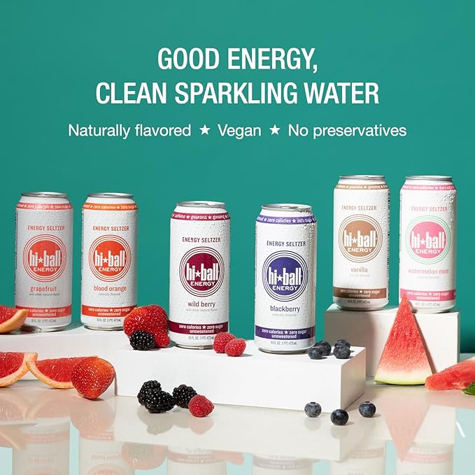 Hiball Clean Energy Drink - Wild Berry - Zero Sugar, Zero Calorie Sparkling Water with 160mg Organic Caffeine, 50mg Organic Ginseng, 50mg Organic Guarana and B Vitamins - 16 fl oz (8-Pack)
